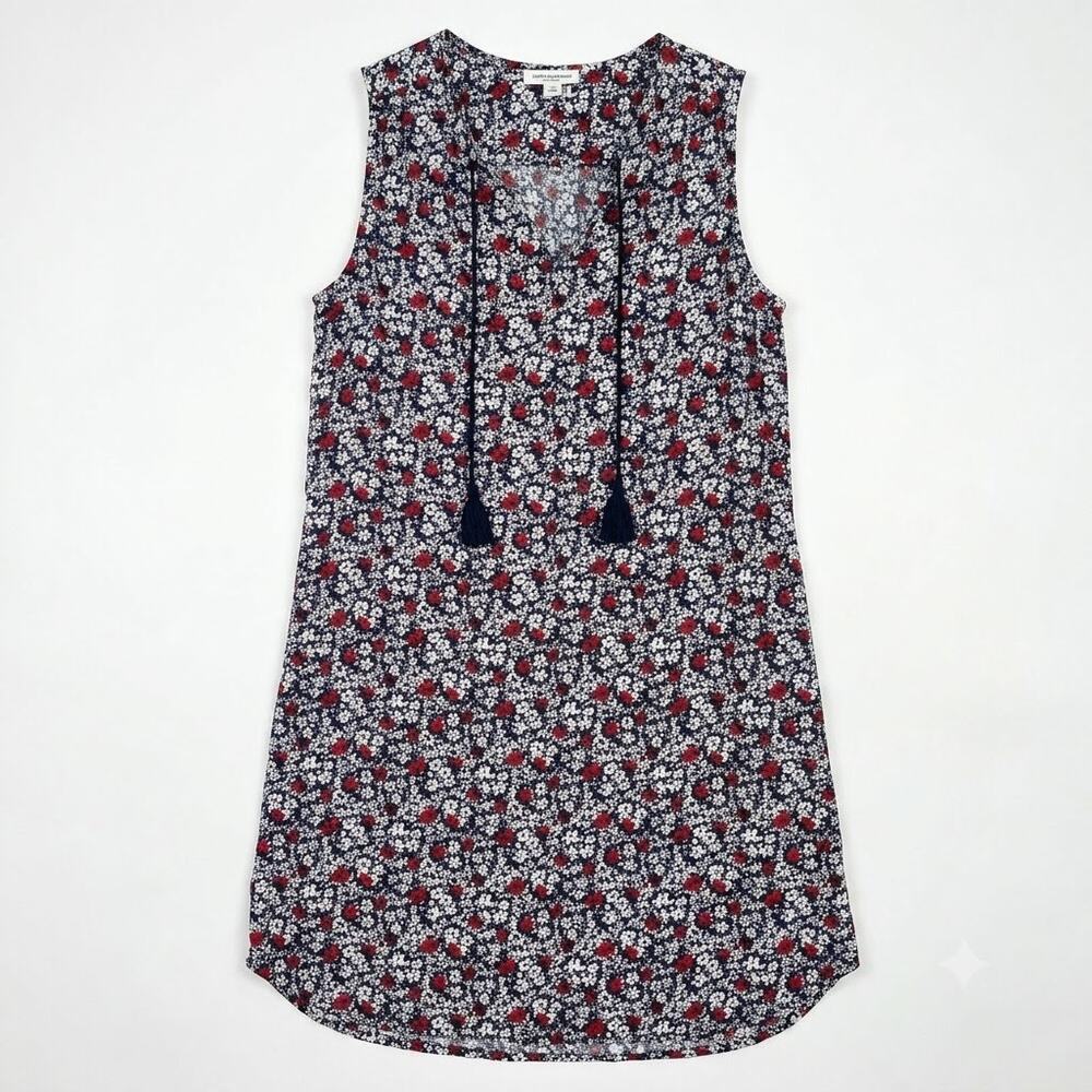 Beach Lunch Lounge Tassel Split Neck Tank Dress Blue Floral Casual Womens Small